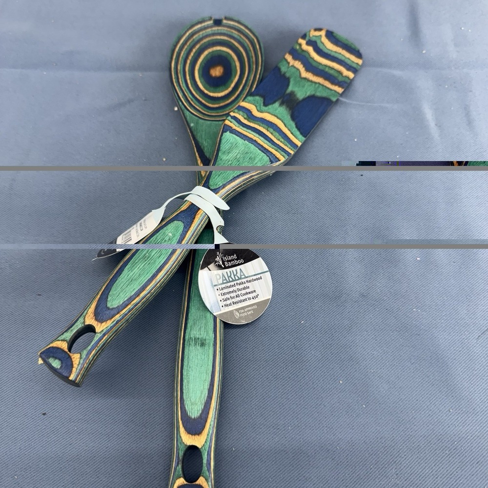 Island Bamboo  Pakka Wood Spoon and Pakka Wood Turner blue  Teal  12" Set